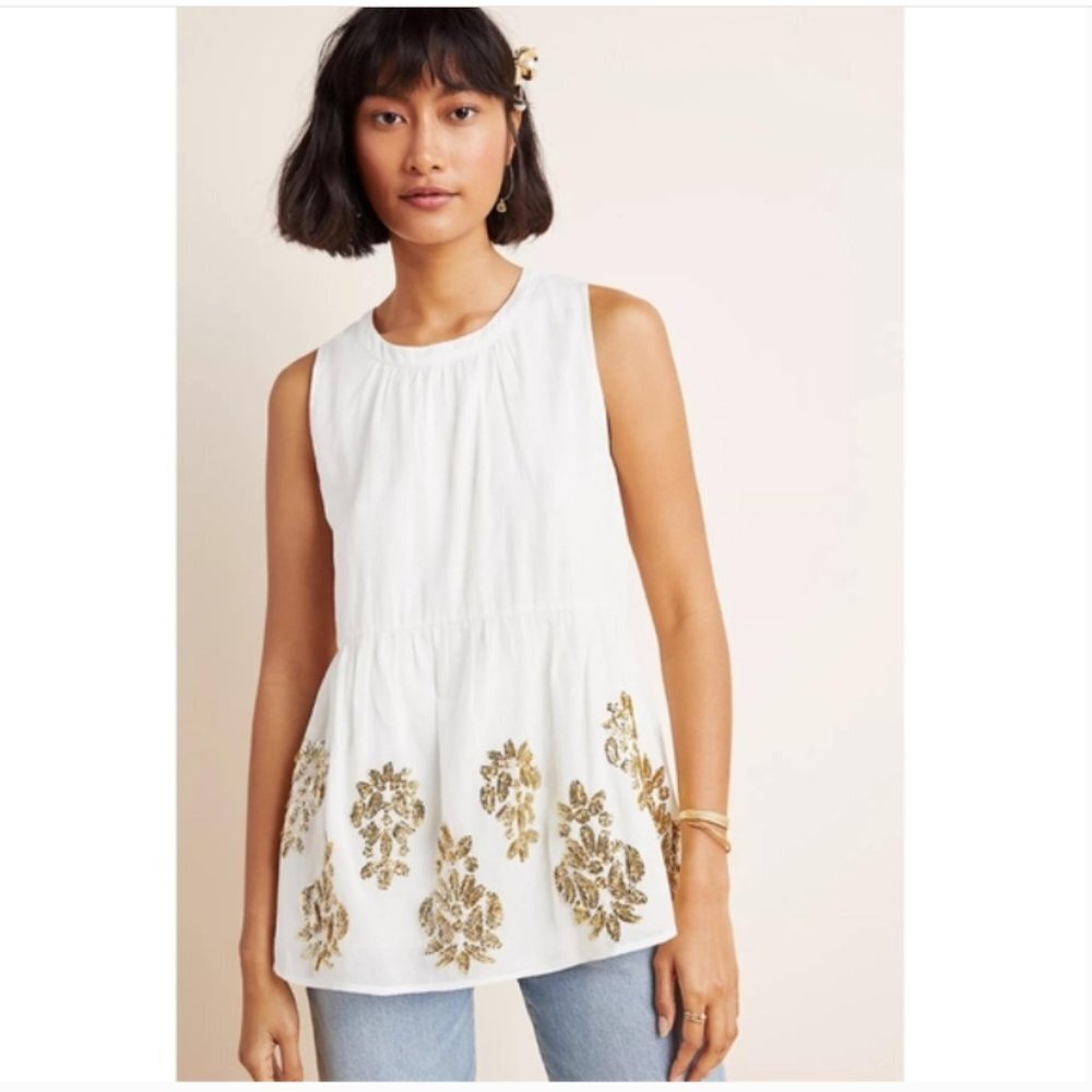 NWT MAEVE Anthropologie Sz XS‎ Women's Off White Simona Sequined Babydoll Blouse